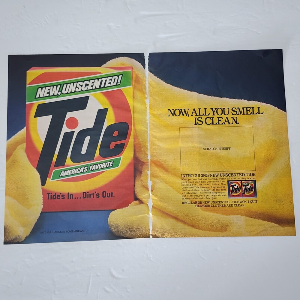 Vintage 1985 Tide Unscented Laundry Detergent Print Ad Yellow Towel Clipping